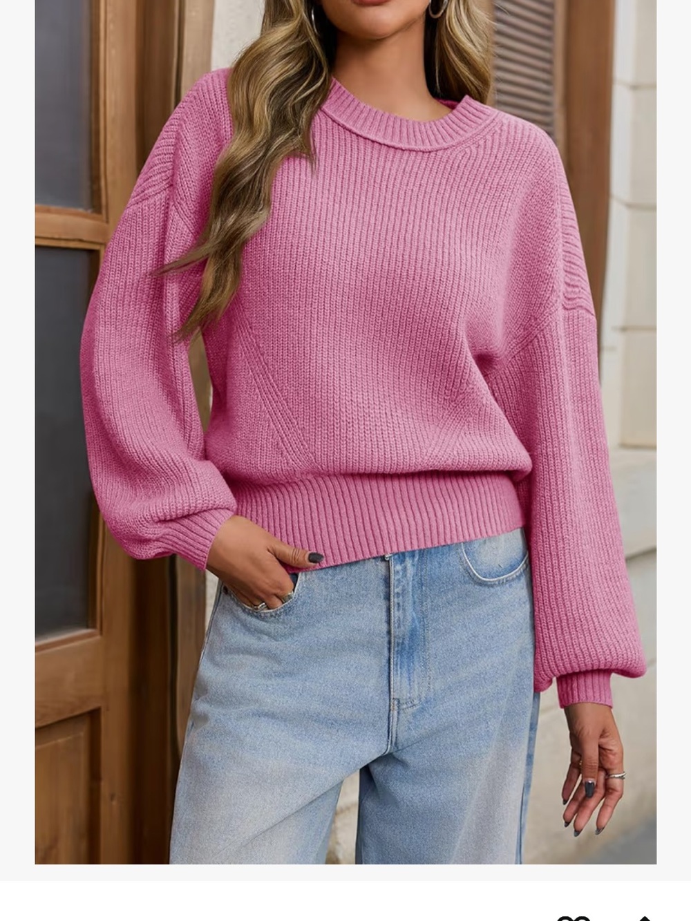 Pink Ribbed Knit Sweater - Casual Balloon Sleeve Pullover